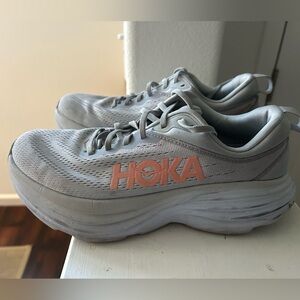 Women's Hoka Bondi 8 Athletic Shoes in Gray and Coral  size 8